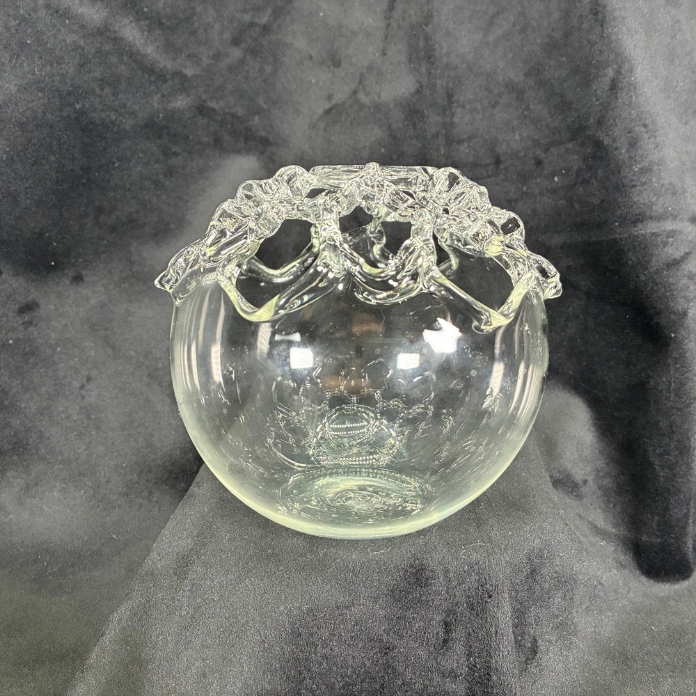 Vintage Saffieria Parise Bud Vase Hand Blown Italian Glass Clear Ruffle Rim Tag